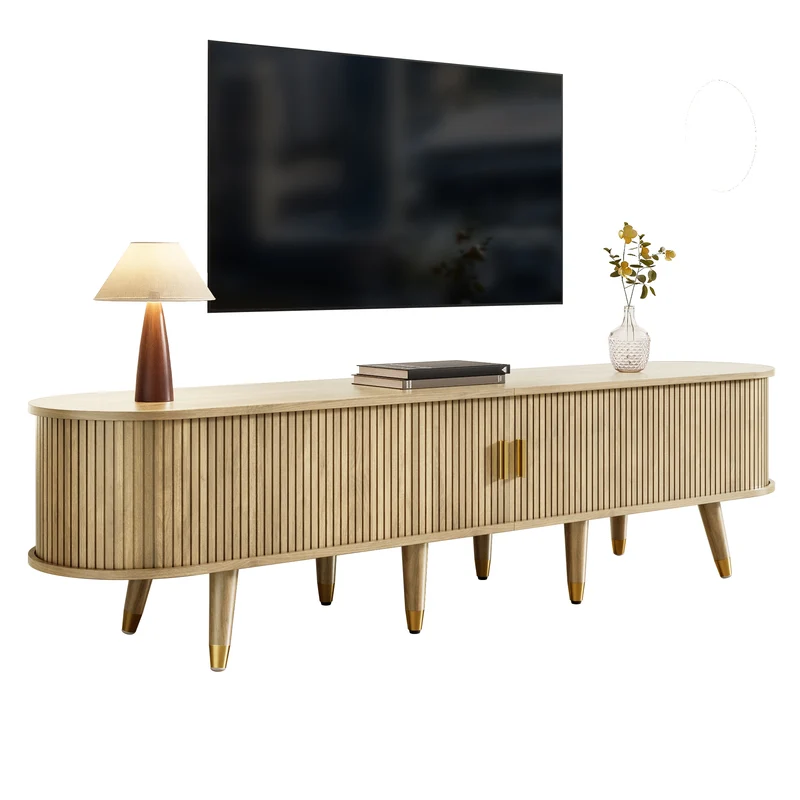 Meuble TV avec portes coulissantes en bois MDF couleur chêne et accents dorés 175x38x45cm LATEXGLOB