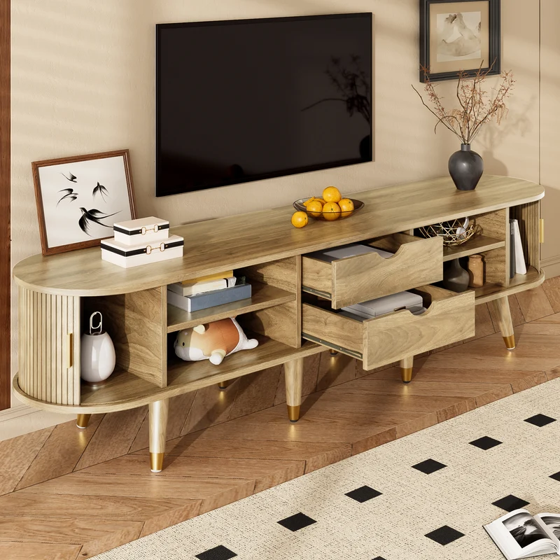 Meuble TV avec portes coulissantes en bois MDF couleur chêne et accents dorés 175x38x45cm LATEXGLOB