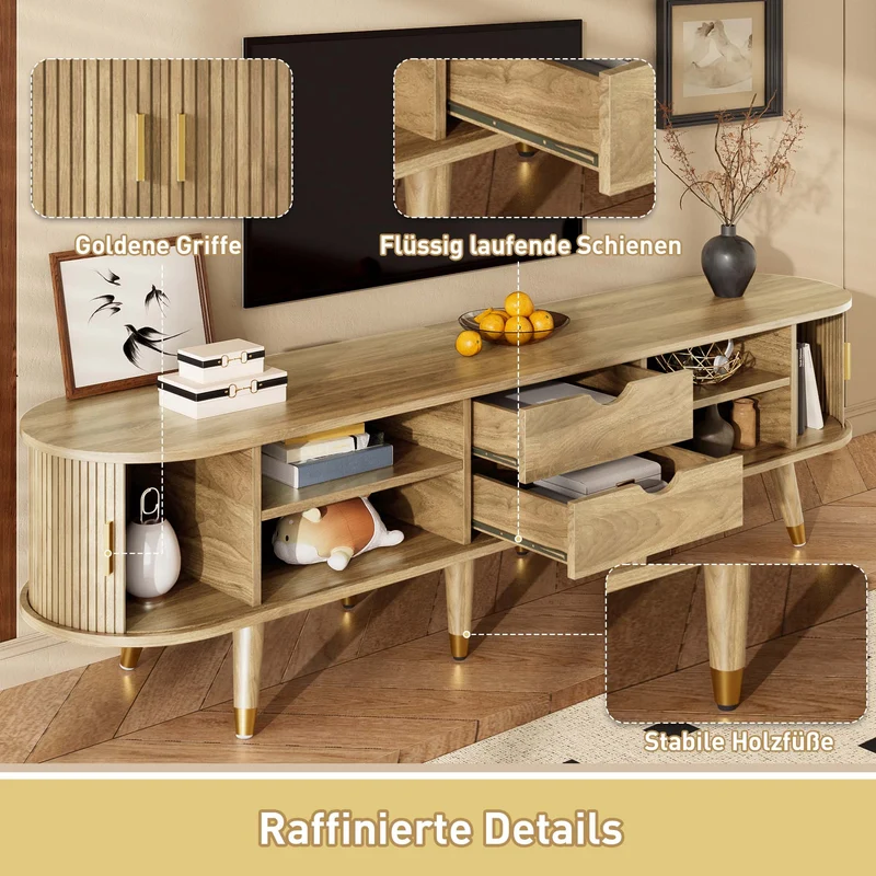 Meuble TV avec portes coulissantes en bois MDF couleur chêne et accents dorés 175x38x45cm LATEXGLOB