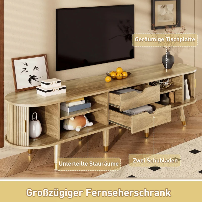 Meuble TV avec portes coulissantes en bois MDF couleur chêne et accents dorés 175x38x45cm LATEXGLOB