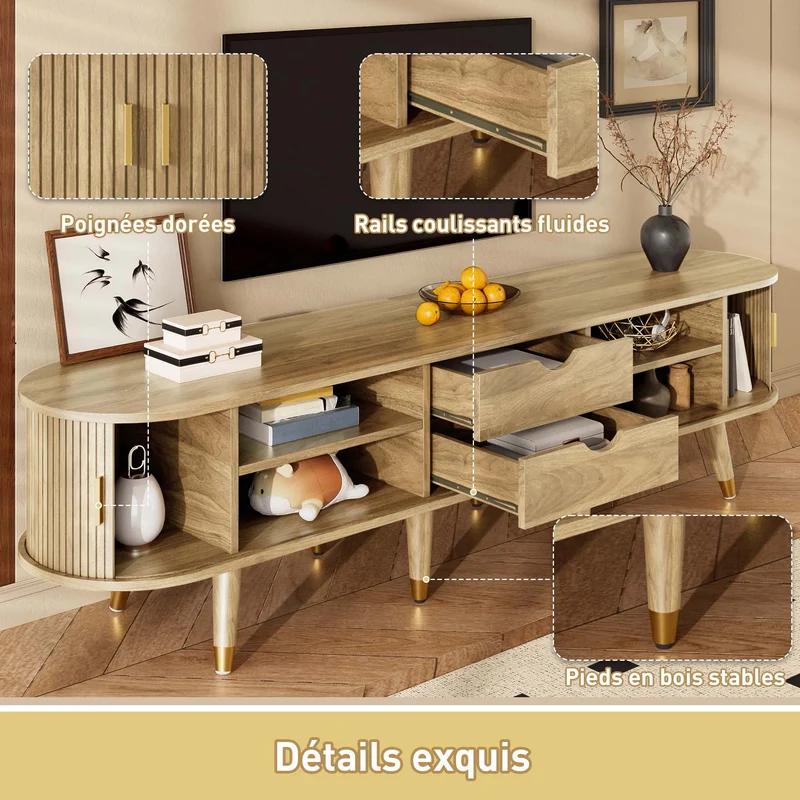 Meuble TV avec portes coulissantes en bois MDF couleur chêne et accents dorés 175x38x45cm LATEXGLOB