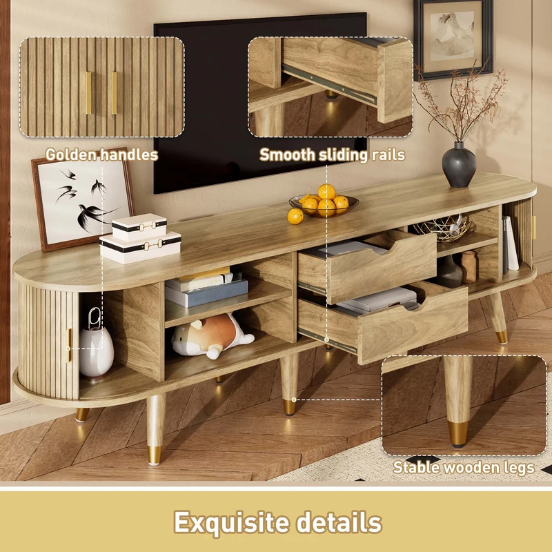 Meuble TV avec portes coulissantes en bois MDF couleur chêne et accents dorés 175x38x45cm LATEXGLOB