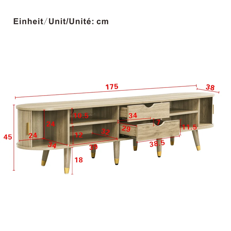 Meuble TV avec portes coulissantes en bois MDF couleur chêne et accents dorés 175x38x45cm LATEXGLOB