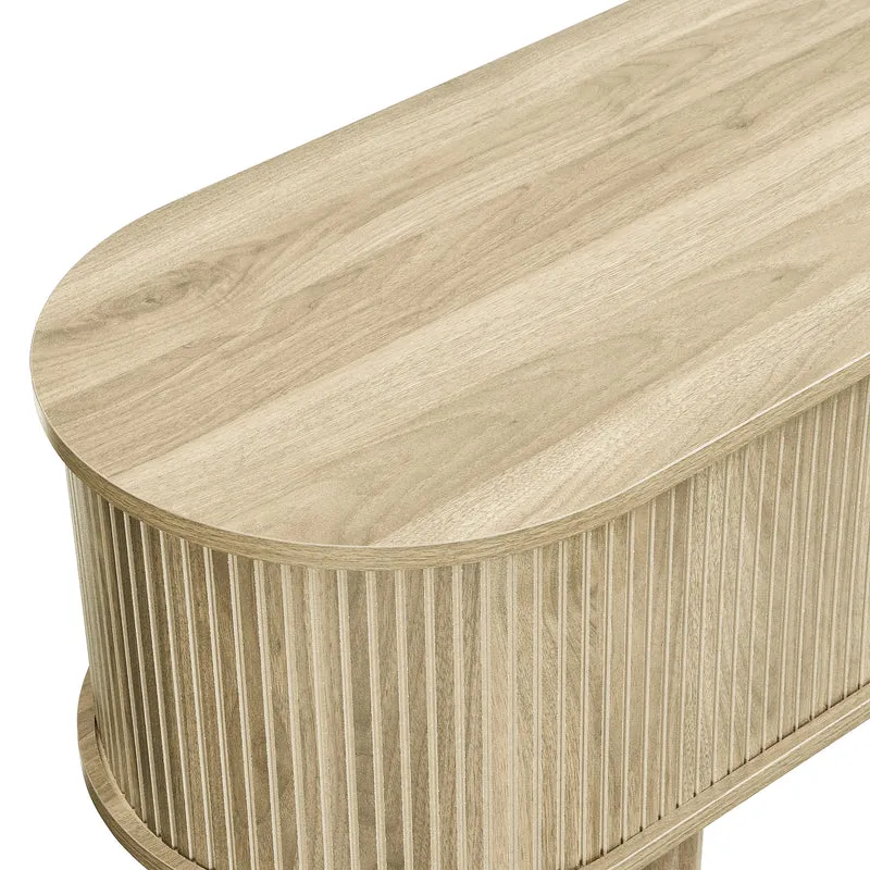 Meuble TV avec portes coulissantes en bois MDF couleur chêne et accents dorés 175x38x45cm LATEXGLOB