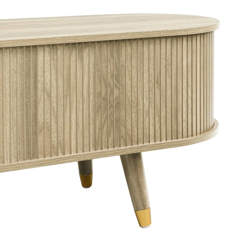 Meuble TV avec portes coulissantes en bois MDF couleur chêne et accents dorés 175x38x45cm LATEXGLOB