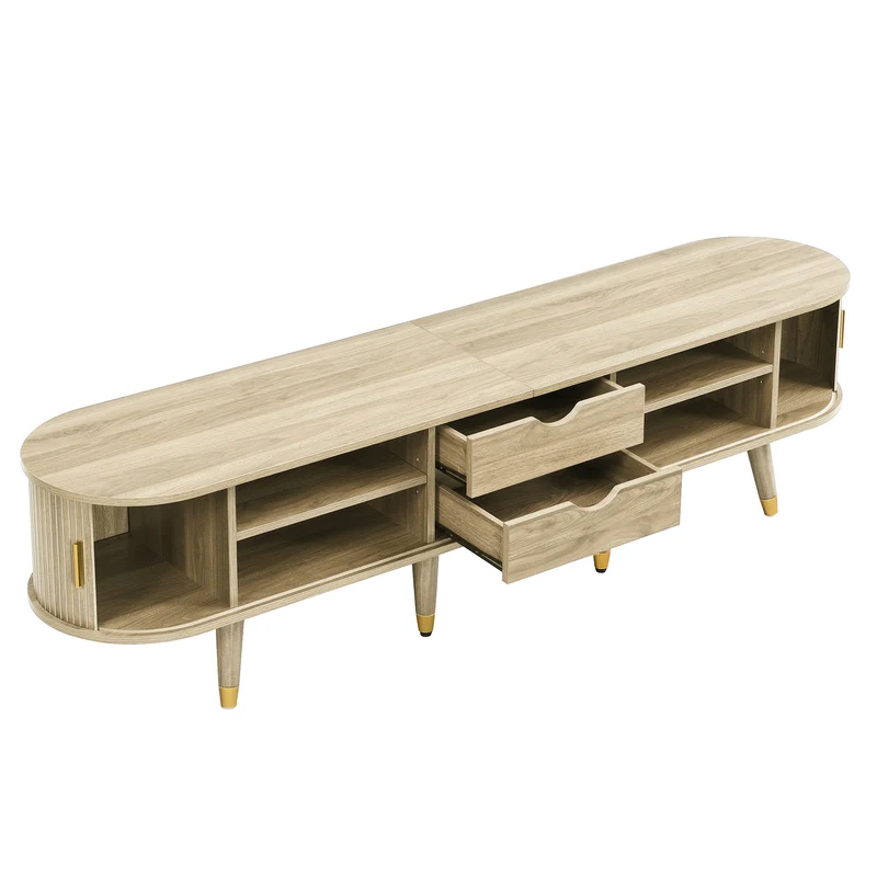 Meuble TV avec portes coulissantes en bois MDF couleur chêne et accents dorés 175x38x45cm LATEXGLOB