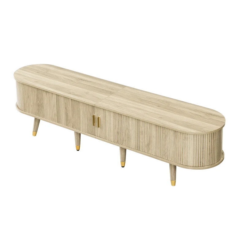 Meuble TV avec portes coulissantes en bois MDF couleur chêne et accents dorés 175x38x45cm LATEXGLOB