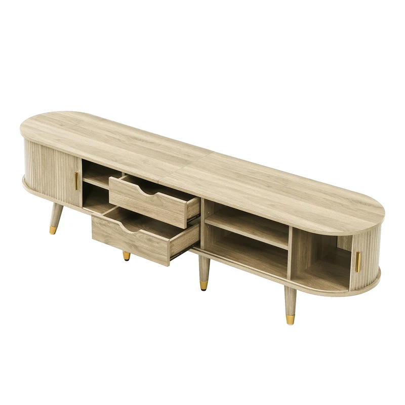 Meuble TV avec portes coulissantes en bois MDF couleur chêne et accents dorés 175x38x45cm LATEXGLOB