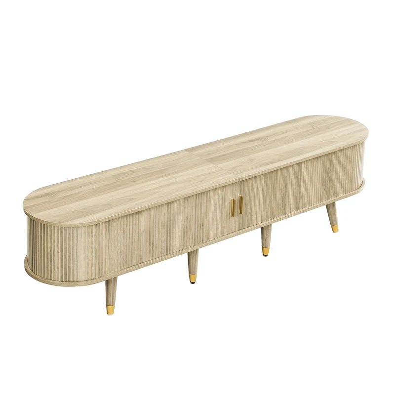 Meuble TV avec portes coulissantes en bois MDF couleur chêne et accents dorés 175x38x45cm LATEXGLOB