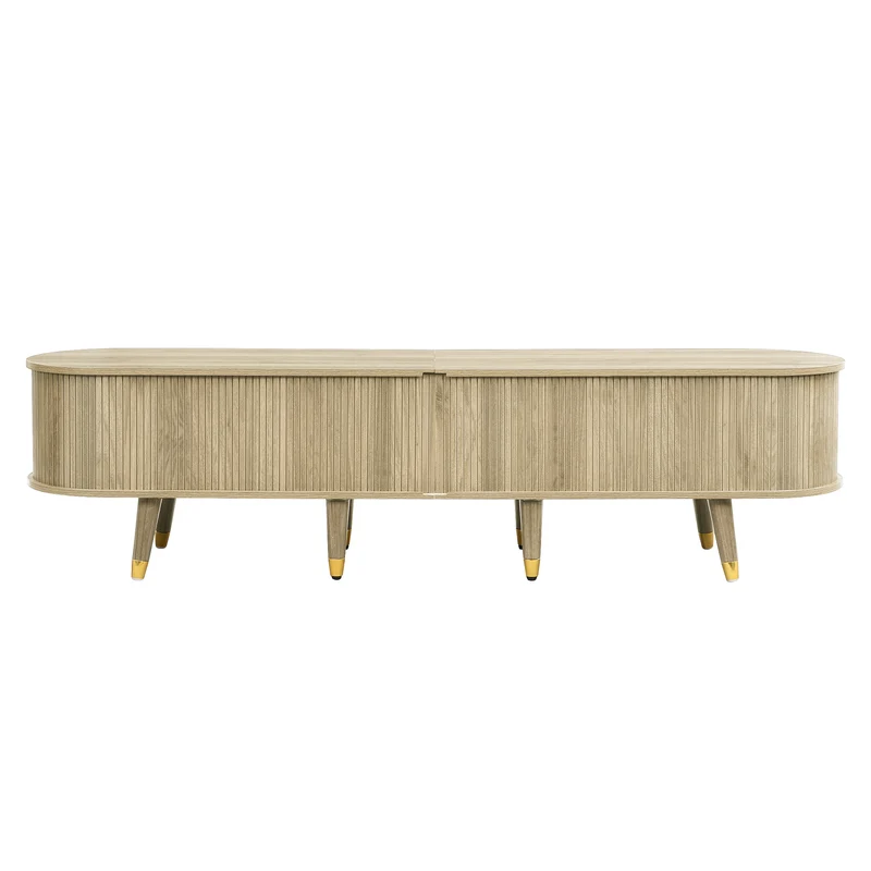 Meuble TV avec portes coulissantes en bois MDF couleur chêne et accents dorés 175x38x45cm LATEXGLOB