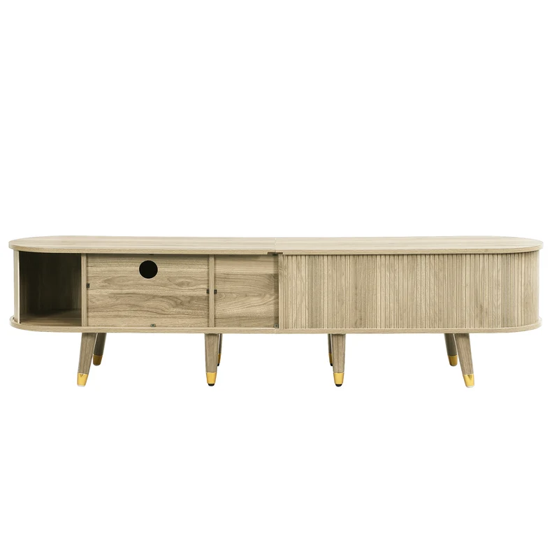 Meuble TV avec portes coulissantes en bois MDF couleur chêne et accents dorés 175x38x45cm LATEXGLOB