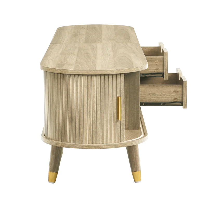 Meuble TV avec portes coulissantes en bois MDF couleur chêne et accents dorés 175x38x45cm LATEXGLOB