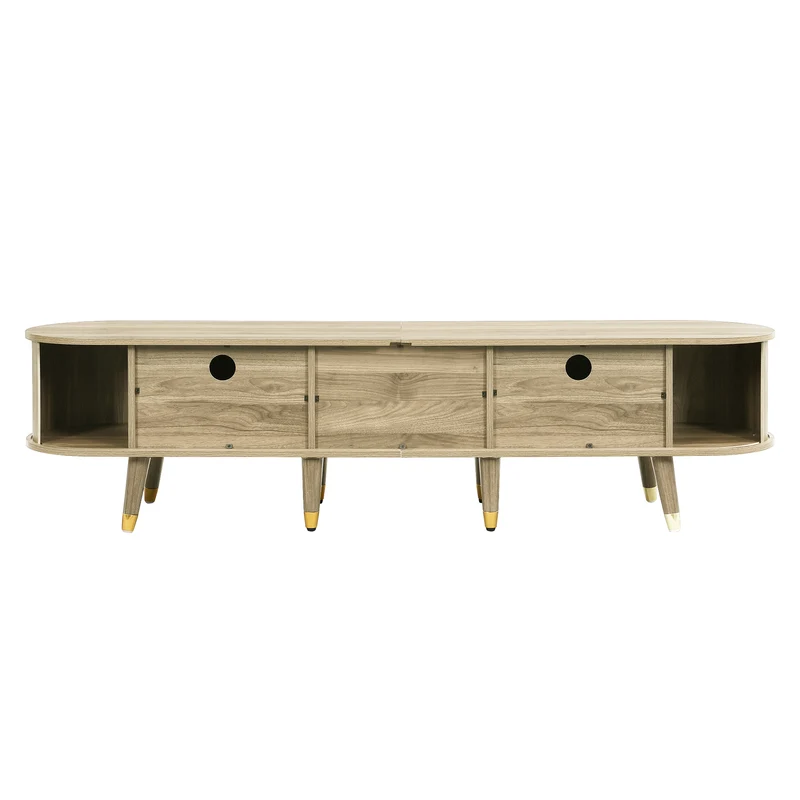 Meuble TV avec portes coulissantes en bois MDF couleur chêne et accents dorés 175x38x45cm LATEXGLOB