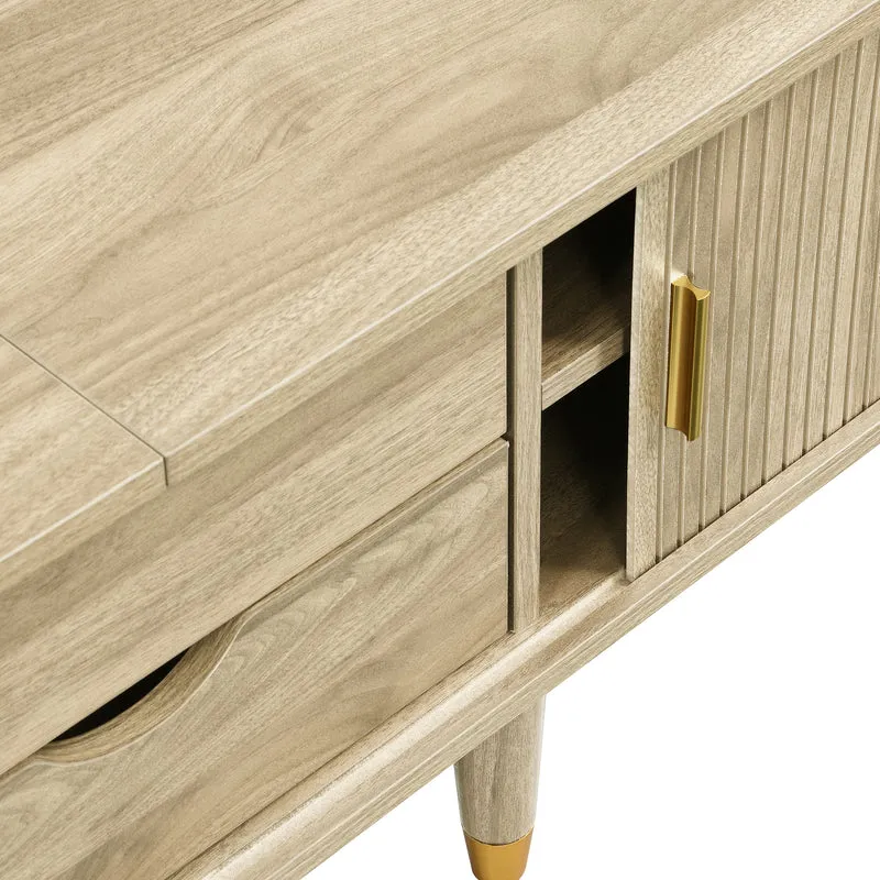 Meuble TV avec portes coulissantes en bois MDF couleur chêne et accents dorés 175x38x45cm LATEXGLOB