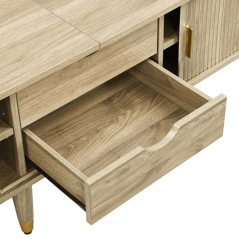 Meuble TV avec portes coulissantes en bois MDF couleur chêne et accents dorés 175x38x45cm LATEXGLOB