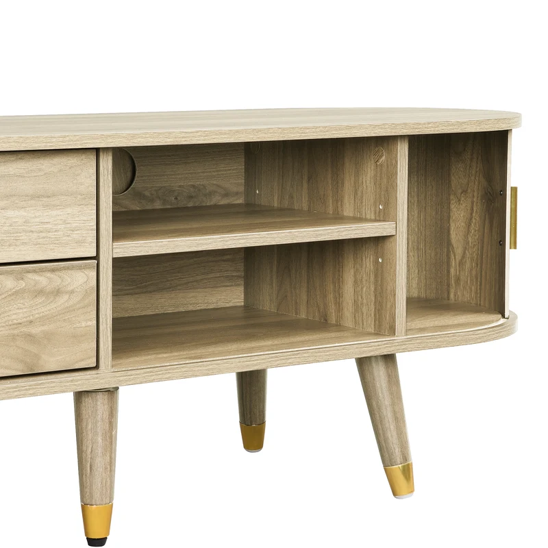 Meuble TV avec portes coulissantes en bois MDF couleur chêne et accents dorés 175x38x45cm LATEXGLOB