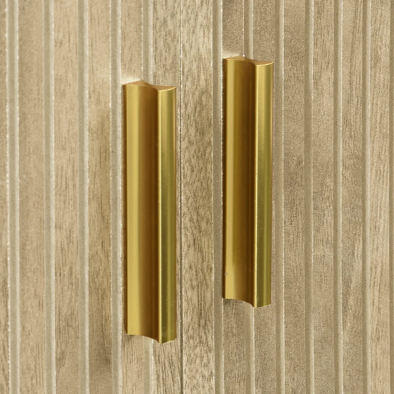 Meuble TV avec portes coulissantes en bois MDF couleur chêne et accents dorés 175x38x45cm LATEXGLOB