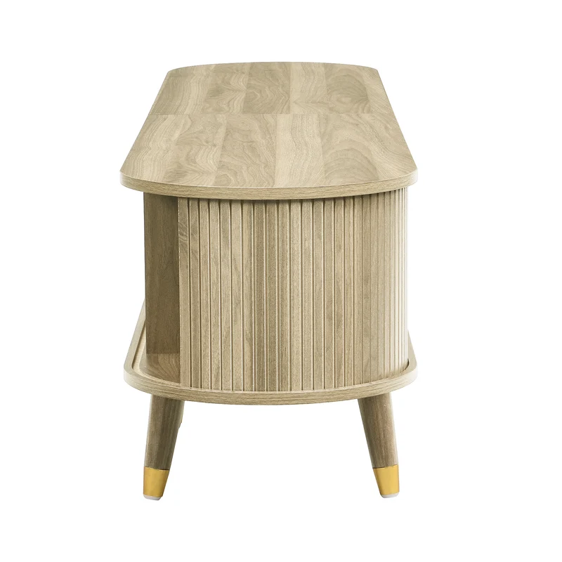 Meuble TV avec portes coulissantes en bois MDF couleur chêne et accents dorés 175x38x45cm LATEXGLOB