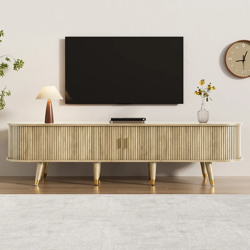 Meuble TV avec portes coulissantes en bois MDF couleur chêne et accents dorés 175x38x45cm LATEXGLOB