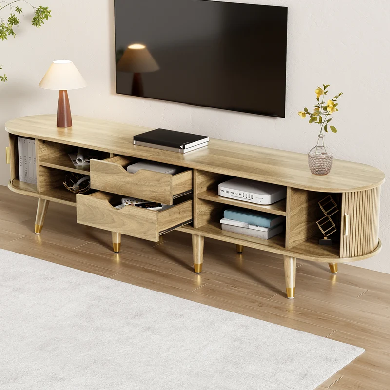 Meuble TV avec portes coulissantes en bois MDF couleur chêne et accents dorés 175x38x45cm LATEXGLOB