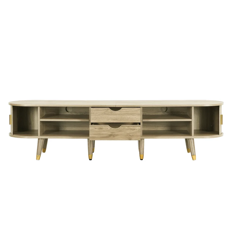 Meuble TV avec portes coulissantes en bois MDF couleur chêne et accents dorés 175x38x45cm LATEXGLOB