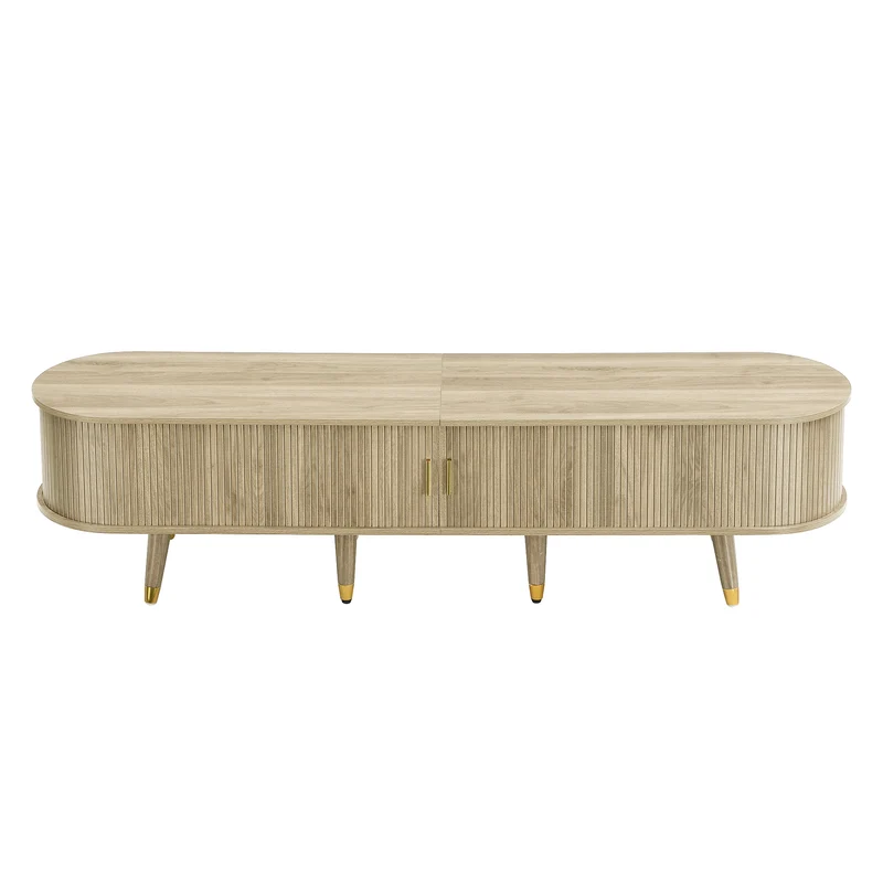 Meuble TV avec portes coulissantes en bois MDF couleur chêne et accents dorés 175x38x45cm LATEXGLOB