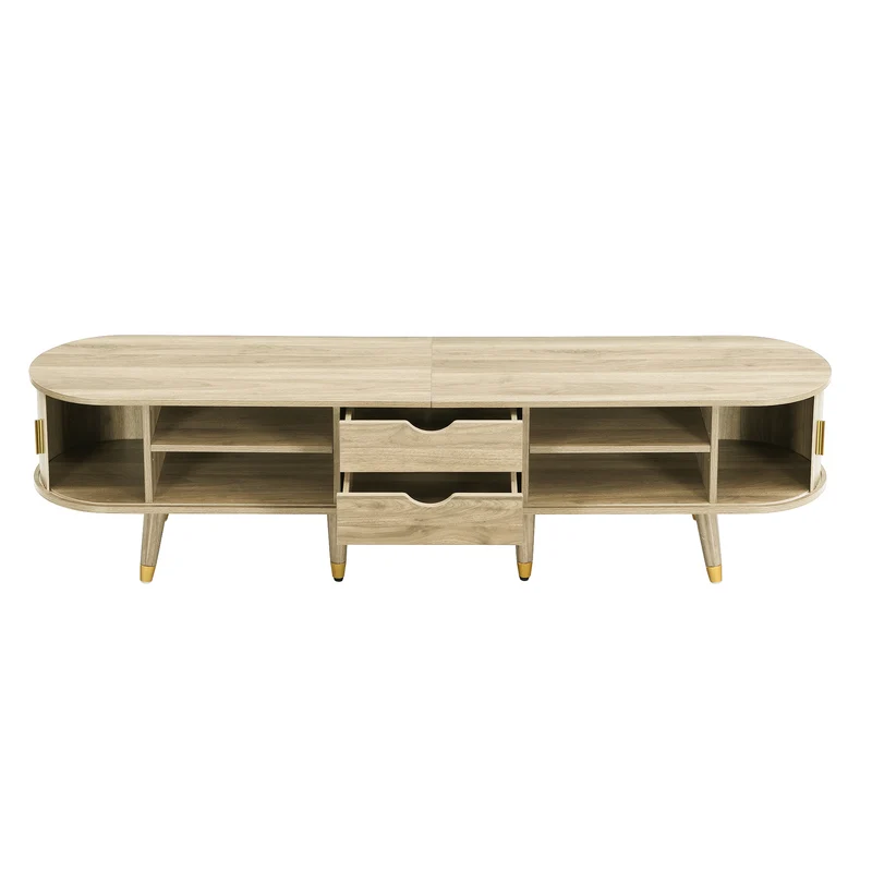 Meuble TV avec portes coulissantes en bois MDF couleur chêne et accents dorés 175x38x45cm LATEXGLOB