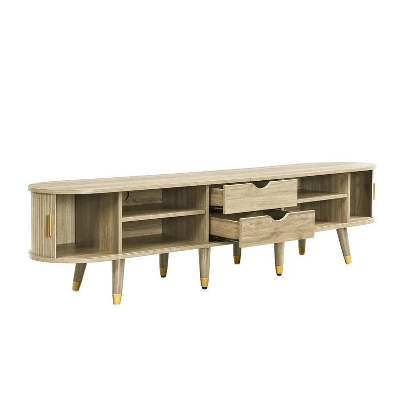 Meuble TV avec portes coulissantes en bois MDF couleur chêne et accents dorés 175x38x45cm LATEXGLOB