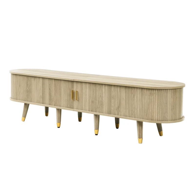 Meuble TV avec portes coulissantes en bois MDF couleur chêne et accents dorés 175x38x45cm LATEXGLOB