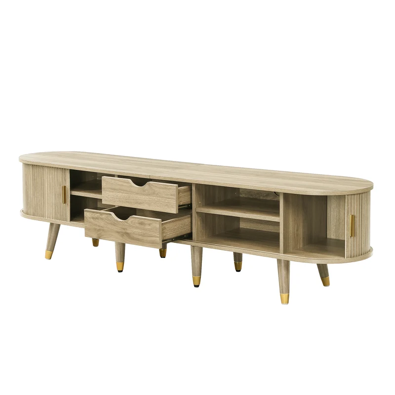 Meuble TV avec portes coulissantes en bois MDF couleur chêne et accents dorés 175x38x45cm LATEXGLOB