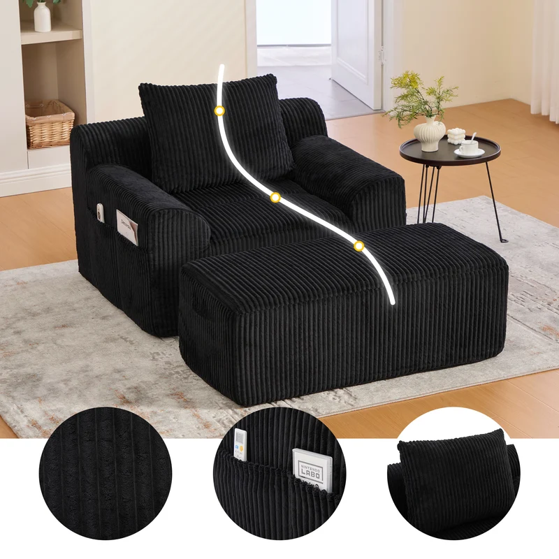 Canapé simple fauteuil XXL en velours côtelé noir, dossier profond, repose pied, coussin & poches latérales, sans montage CHROMONET