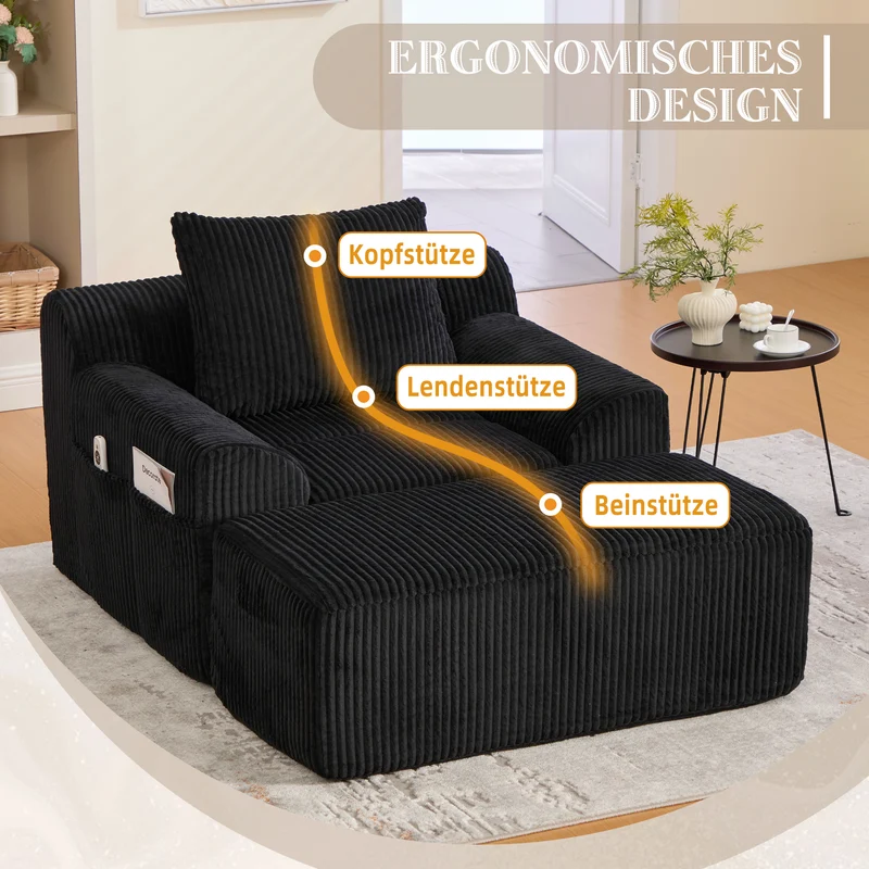 Canapé simple fauteuil XXL en velours côtelé noir, dossier profond, repose pied, coussin & poches latérales, sans montage CHROMONET