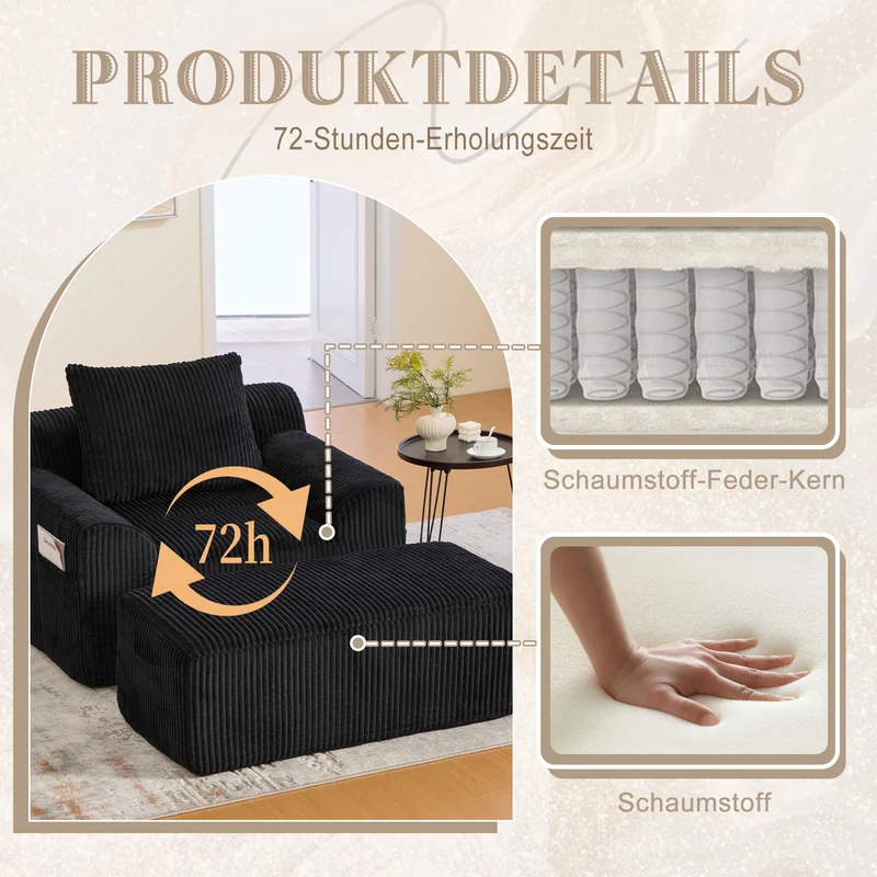 Canapé simple fauteuil XXL en velours côtelé noir, dossier profond, repose pied, coussin & poches latérales, sans montage CHROMONET