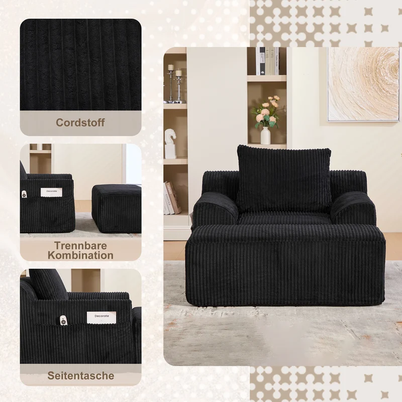 Canapé simple fauteuil XXL en velours côtelé noir, dossier profond, repose pied, coussin & poches latérales, sans montage CHROMONET