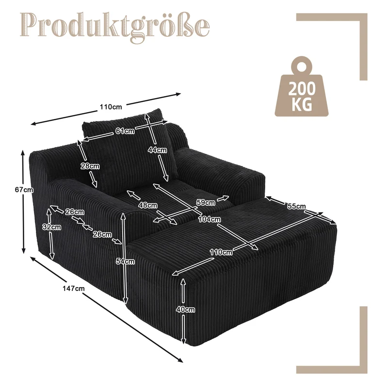 Canapé simple fauteuil XXL en velours côtelé noir, dossier profond, repose pied, coussin & poches latérales, sans montage CHROMONET