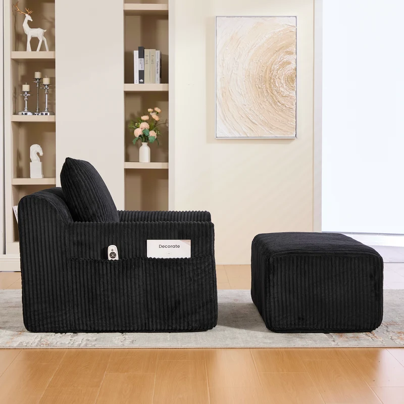 Canapé simple fauteuil XXL en velours côtelé noir, dossier profond, repose pied, coussin & poches latérales, sans montage CHROMONET