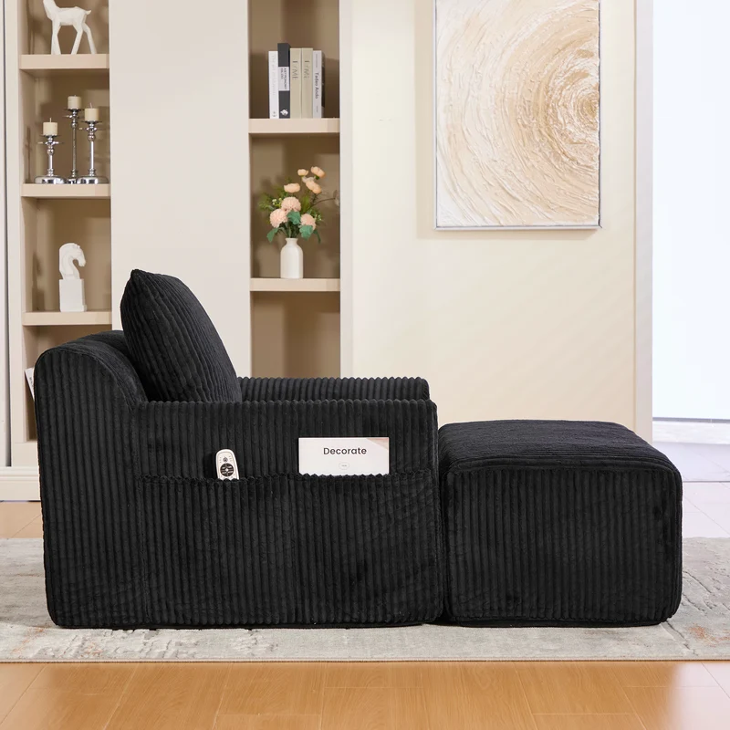 Canapé simple fauteuil XXL en velours côtelé noir, dossier profond, repose pied, coussin & poches latérales, sans montage CHROMONET