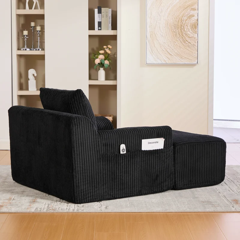 Canapé simple fauteuil XXL en velours côtelé noir, dossier profond, repose pied, coussin & poches latérales, sans montage CHROMONET