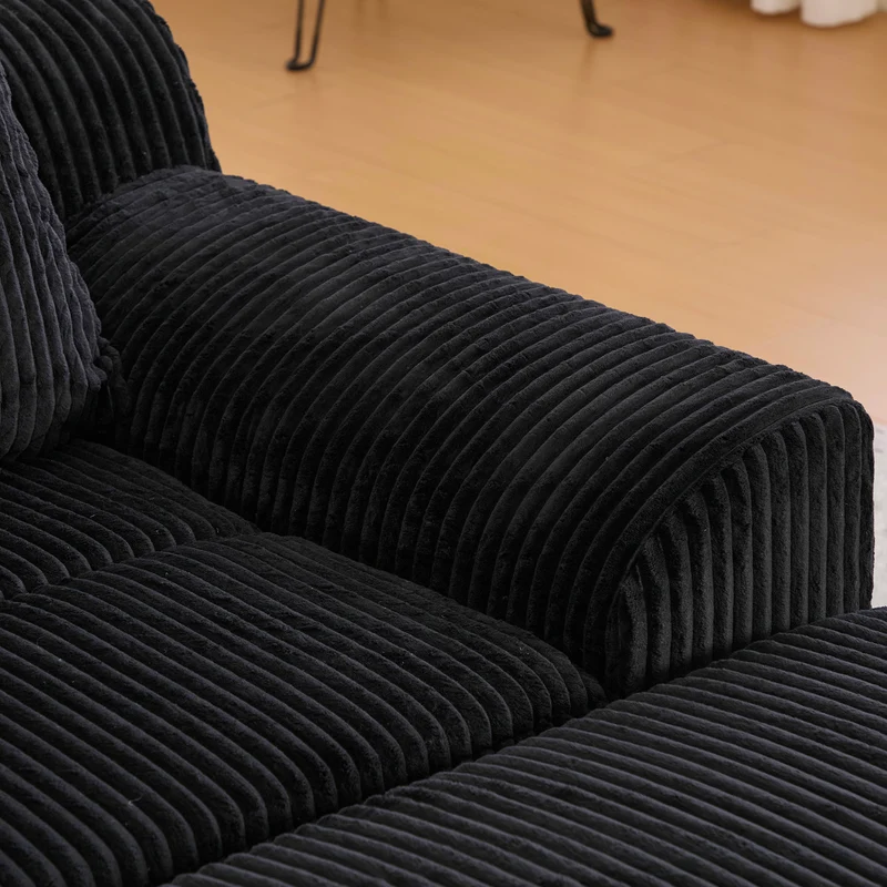 Canapé simple fauteuil XXL en velours côtelé noir, dossier profond, repose pied, coussin & poches latérales, sans montage CHROMONET