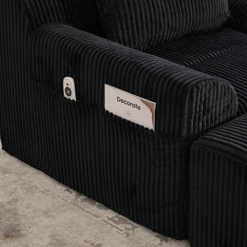 Canapé simple fauteuil XXL en velours côtelé noir, dossier profond, repose pied, coussin & poches latérales, sans montage CHROMONET