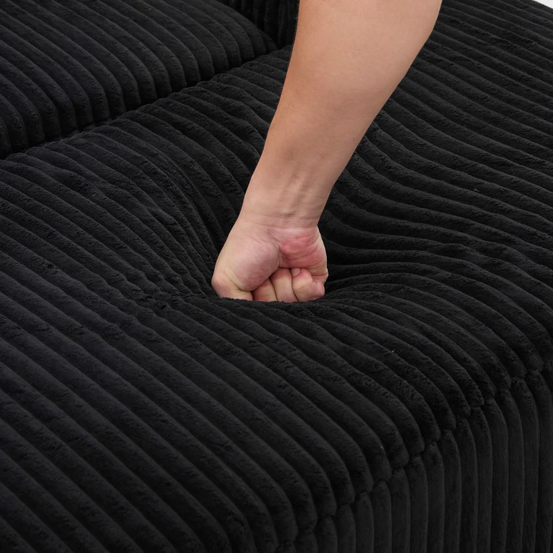 Canapé simple fauteuil XXL en velours côtelé noir, dossier profond, repose pied, coussin & poches latérales, sans montage CHROMONET