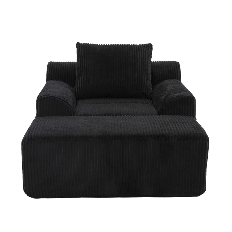 Canapé simple fauteuil XXL en velours côtelé noir, dossier profond, repose pied, coussin & poches latérales, sans montage CHROMONET