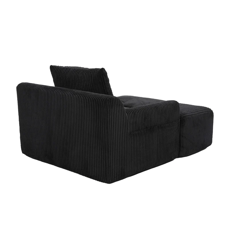 Canapé simple fauteuil XXL en velours côtelé noir, dossier profond, repose pied, coussin & poches latérales, sans montage CHROMONET