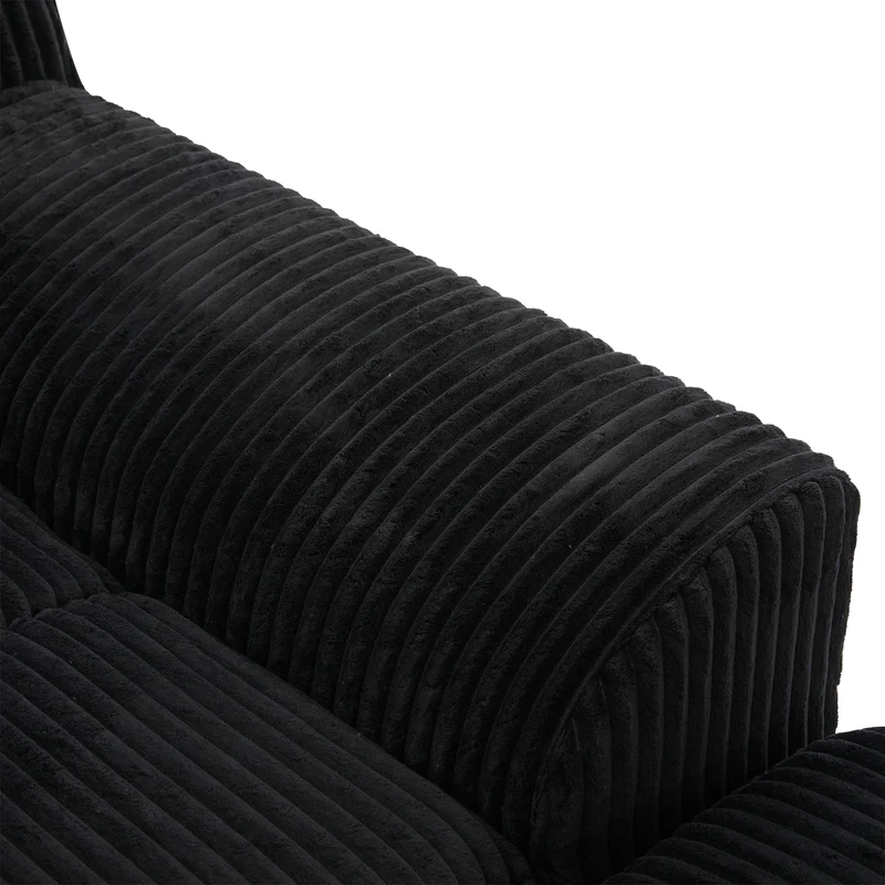 Canapé simple fauteuil XXL en velours côtelé noir, dossier profond, repose pied, coussin & poches latérales, sans montage CHROMONET