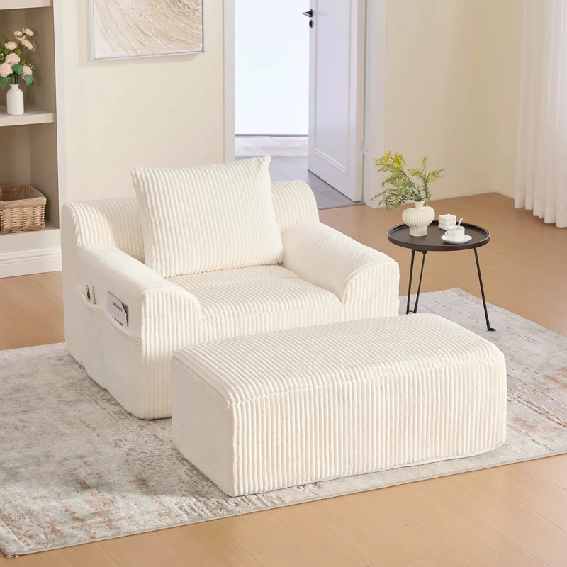 Canapé simple fauteuil XXL en velours côtelé blanc, dossier profond, repose pied, coussin & poches latérales, sans montage TRONACRYSTAL