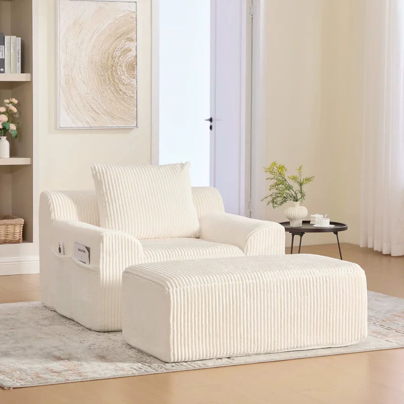 Canapé simple fauteuil XXL en velours côtelé blanc, dossier profond, repose pied, coussin & poches latérales, sans montage TRONACRYSTAL