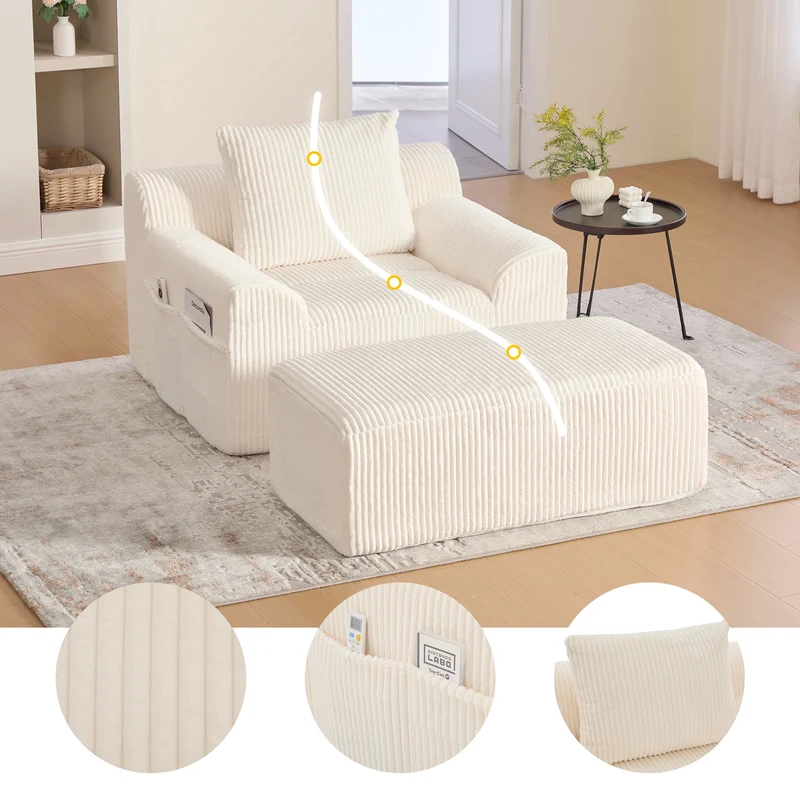 Canapé simple fauteuil XXL en velours côtelé blanc, dossier profond, repose pied, coussin & poches latérales, sans montage TRONACRYSTAL