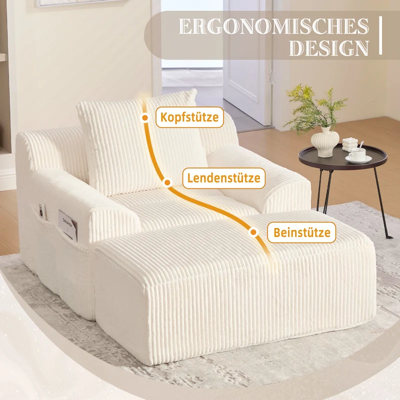 Canapé simple fauteuil XXL en velours côtelé blanc, dossier profond, repose pied, coussin & poches latérales, sans montage TRONACRYSTAL