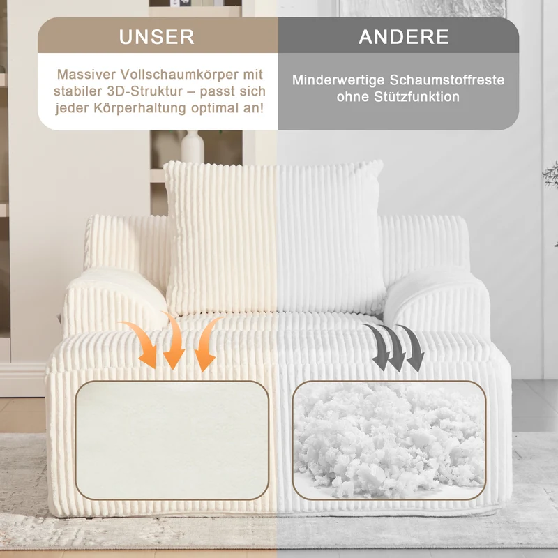Canapé simple fauteuil XXL en velours côtelé blanc, dossier profond, repose pied, coussin & poches latérales, sans montage TRONACRYSTAL