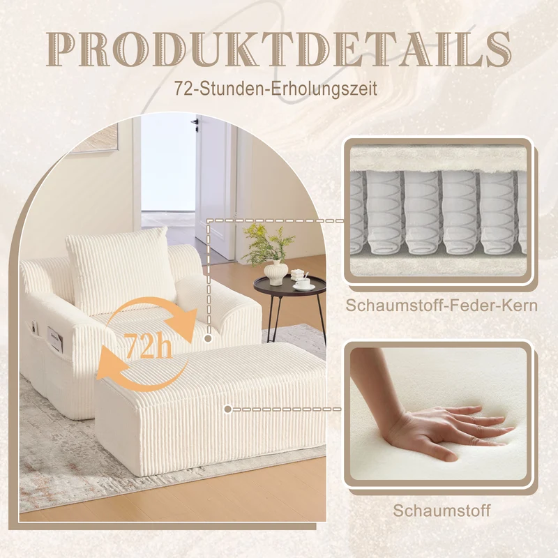 Canapé simple fauteuil XXL en velours côtelé blanc, dossier profond, repose pied, coussin & poches latérales, sans montage TRONACRYSTAL